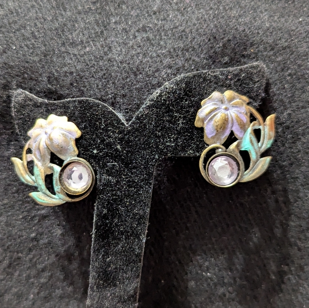 Brass Tone Blue Purple Wash Floral Clear Rhinestone Lightweight Earrings